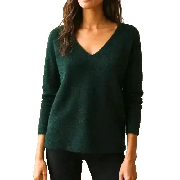 Consignment024 Eileen Fisher V-Neck Organic Cotton Eyelash Top Sweater in Pine Size S