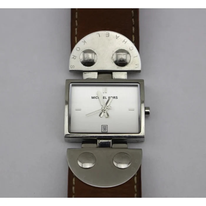 Michael Kors Brown Leather Silver Tone Stainless Steel Studded Watch