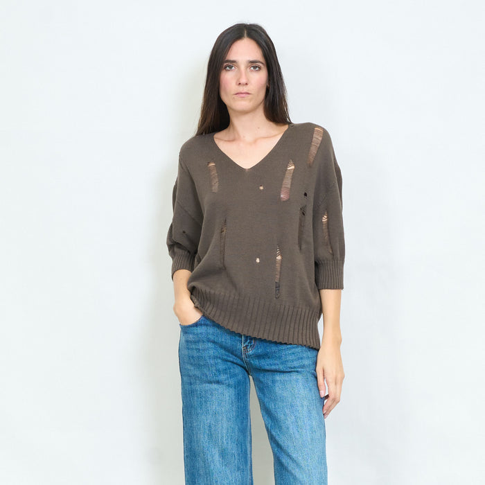 Distressed v-neck knitted sweater with torn details wholesale