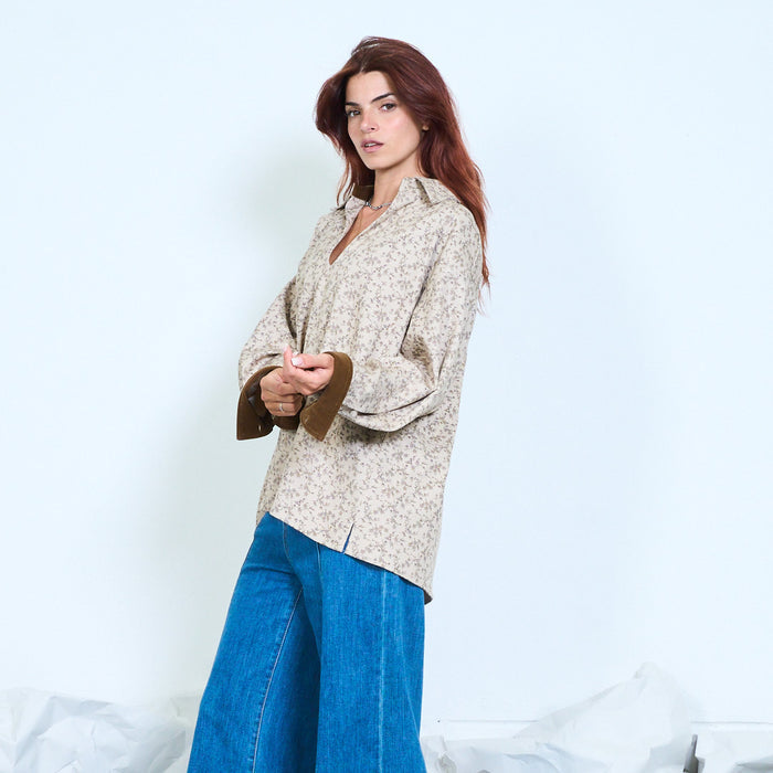 Ditsy floral contrast cuff blouse wholesale