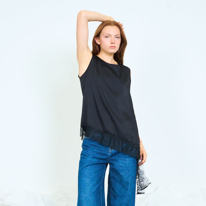 Elegant lace-panel asymmetric sleeveless top wholesale
