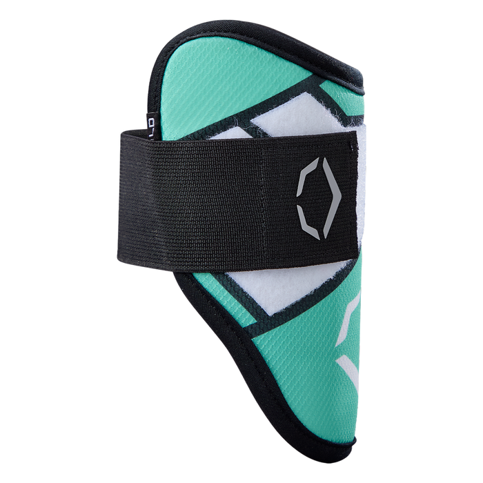 The EvoShield SRZ-2 Youth Batter's Elbow Guard (WB57645) by EvoShield is shown in teal and black with a thick elastic strap and white geometric logo, designed with Gel-to-Shell technology for superior protection. Photographed on a plain white background.