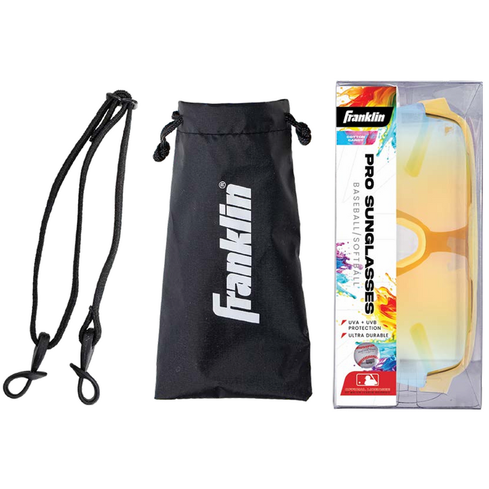 The Franklin MLB Pro Sunglasses: 24012C come with a black Franklin drawstring pouch and a black strap, all displayed side by side on a white background, offering added UV protection.