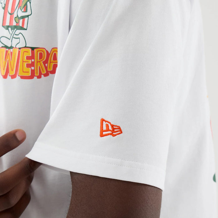 The model is wearing this New Era Baseball Popcorn Graphic Oversized T-Shirt in white. 7