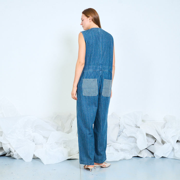 Pinstripe denim utility jumpsuit wholesale