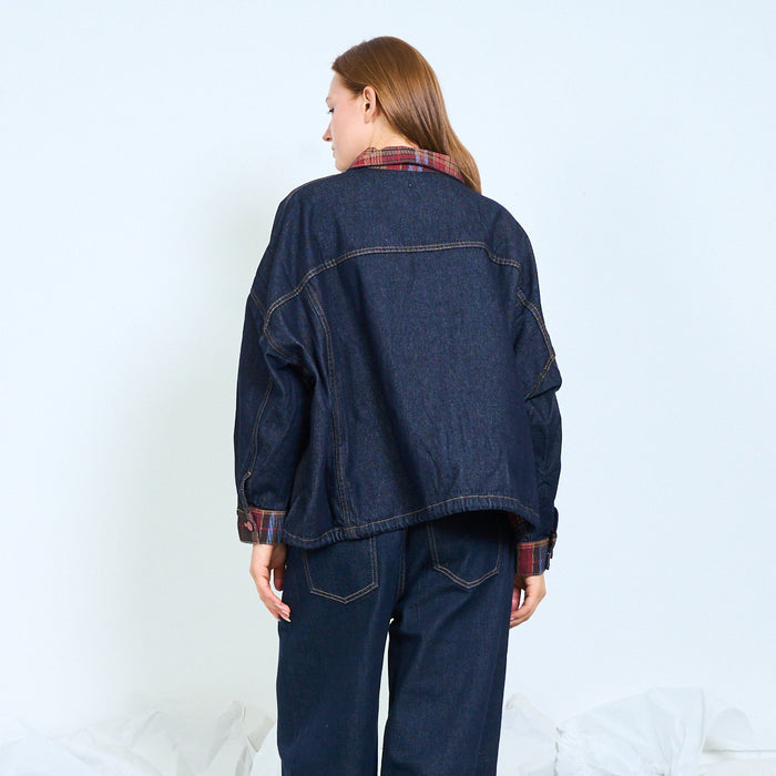 Plaid trim denim jacket wholesale