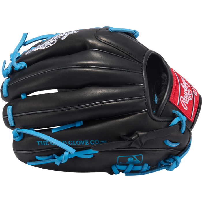 The Rawlings R9 11.5" ContoUR Baseball Glove (R9115U-4BCB) is a black all-leather youth infield glove with blue laces, a red Rawlings logo patch, and “THE GOLD GLOVE CO.” printed in blue on the side.
