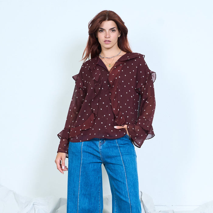 Ruffle polka dot chiffon blouse wholesale
