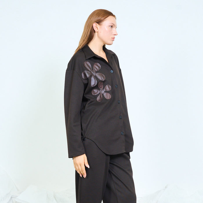 Sculptural floral appliqué blazer with rounded hem wholesale