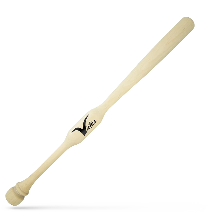 The Victus Youth Two-Hand Trainer Bat (VYTWM2HT-UN) is a light wood youth trainer with a sculpted handle and black Victus logo near the center, shown on a plain white background.