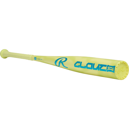 The 2026 Rawlings Clout AI (-3) BBCOR Baseball Bat: RBB6C3 (DEMO) features a yellow barrel with blue "CLOU21" and an R logo, a textured grip, Red Alloy+ build, and a flared end cap—showcasing Rawlings’ latest innovation.