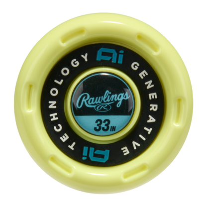 A close-up of the circular yellow end cap on the 2026 Rawlings Clout AI (-3) BBCOR Baseball Bat: RBB6C3 (DEMO), showing "Generative Ai Technology" and "33 IN," with blue and black accents from the Rawlings brand.