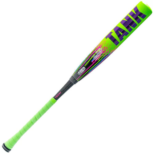 A neon green 2026 Soldier Tank Double Wall (-10) 2 3/4″ USSSA Baseball Bat by Soldier Sports features TANK in bold purple lettering on its composite barrel. The bat includes a handle with a black grip and green wrapping, while double wall technology boosts its performance.