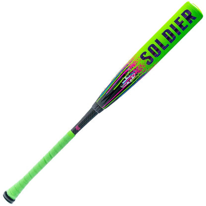 The 2026 Soldier Tank Double Wall (-10) 2 3/4″ USSSA Baseball Bat by Soldier Sports boasts a neon green composite barrel with black and pink accents and the word “SOLDIER” displayed prominently in bold black letters along the barrel. Built with double wall technology, this used bat features a matching green grip tape on the handle for added style.