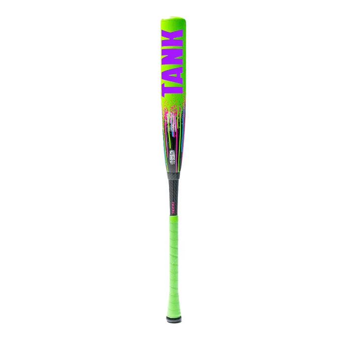A neon green Soldier Sports 2026 Soldier Tank Double Wall (-10) 2 3/4″ USSSA baseball bat featuring the word “TANK” in bold purple letters on the composite barrel and a black grip handle.