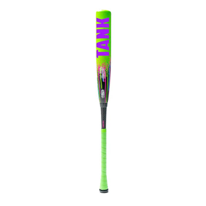A neon green Soldier Sports 2026 Soldier Tank Double Wall (-10) 2 3/4″ USSSA baseball bat featuring the word “TANK” in bold purple letters on the composite barrel and a black grip handle.