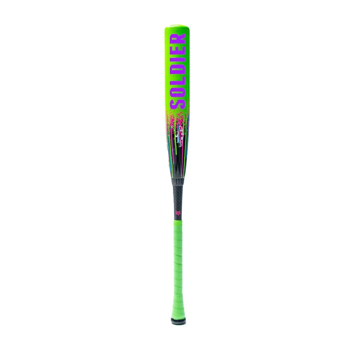 Introducing the 2026 Soldier Tank Double Wall (-10) 2 3/4″ USSSA Baseball Bat: Y-10-26-2 from Soldier Sports. This USED bat features a vibrant neon green design with the word “SOLDIER” boldly displayed in purple letters, accented by striking black, pink, and blue graphics. Built with a composite double wall barrel for enhanced performance, it sports a handle wrapped in bright green tape.