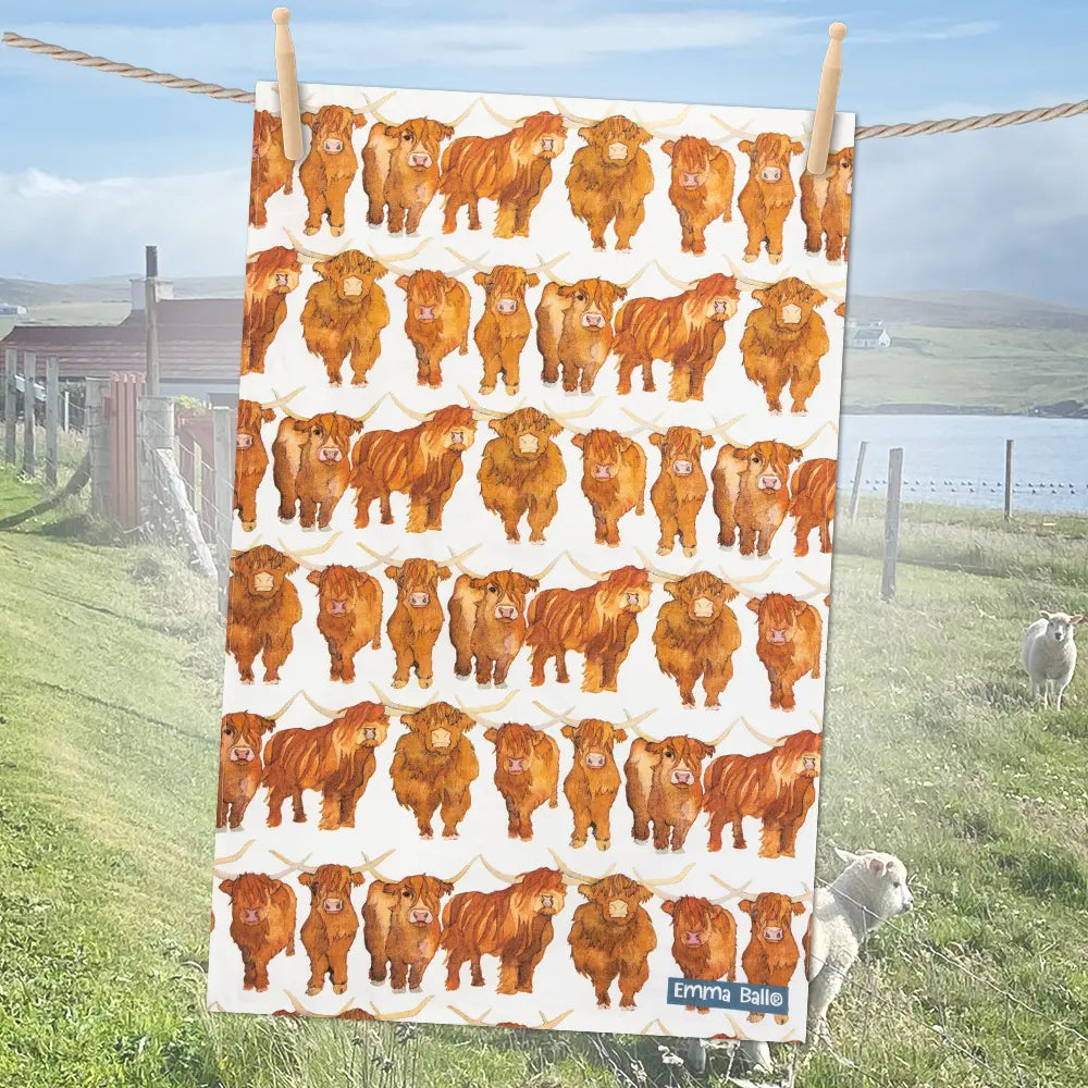 Emma Ball Highland Coos Tea Towel Pair