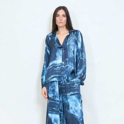 Abstract brushstroke printed satin blouse wholesale