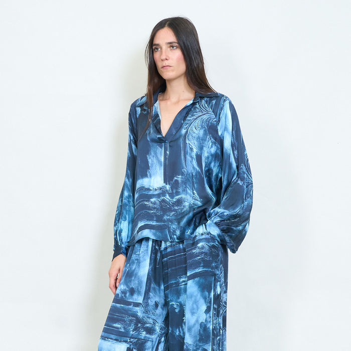 Abstract brushstroke printed satin blouse wholesale