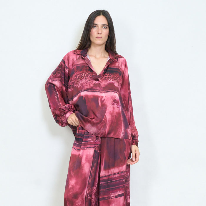 Abstract brushstroke printed satin blouse wholesale