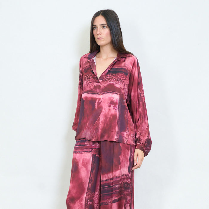 Abstract brushstroke printed satin blouse wholesale