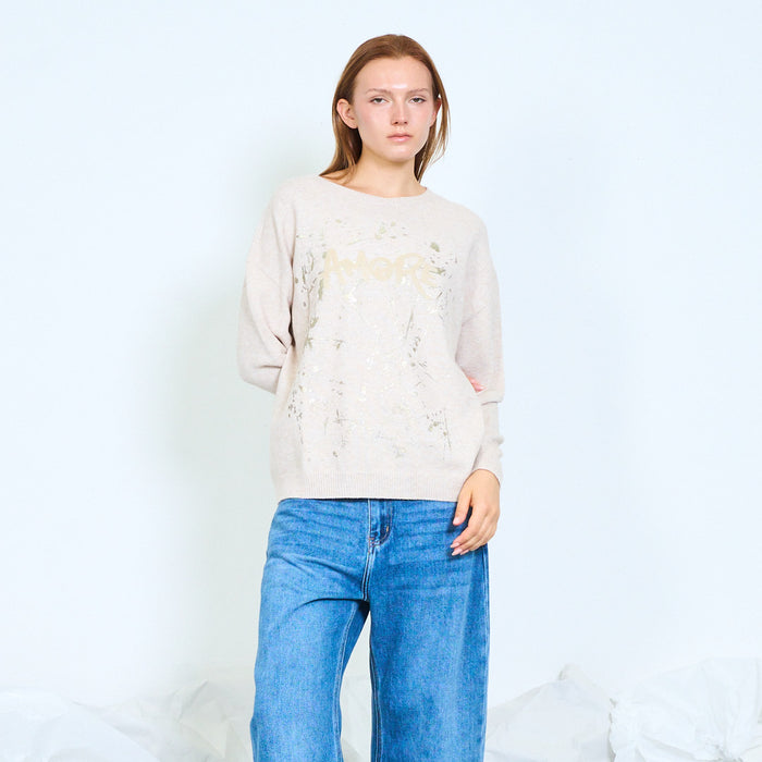 Amore splatter-lettering knit sweater wholesale