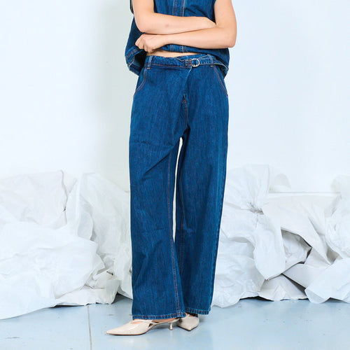 Belted balloon leg denim jeans wholesale