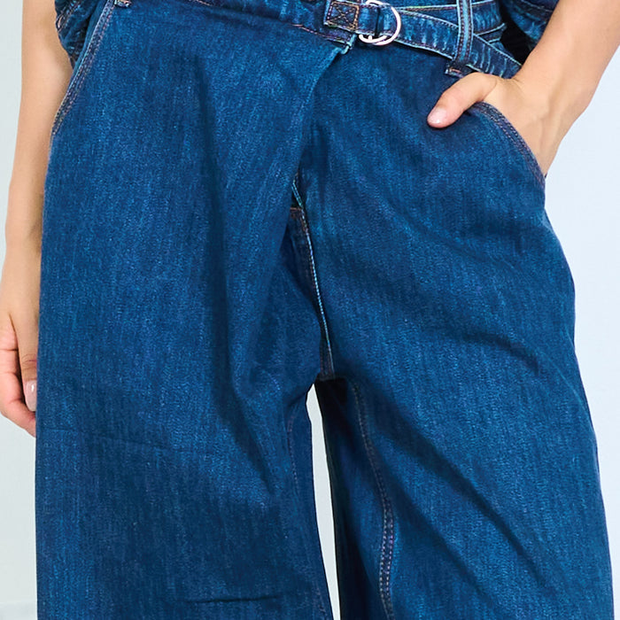 Belted balloon leg denim jeans wholesale