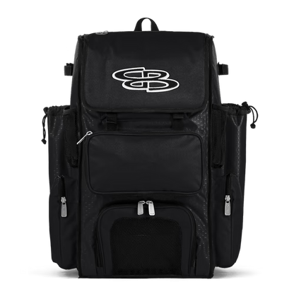 A black Boombah Superpack Bat Bag: BPSP by Boombah, featuring multiple zippered pockets, mesh panels, and a large white logo on the top flap, displayed against a plain white background.