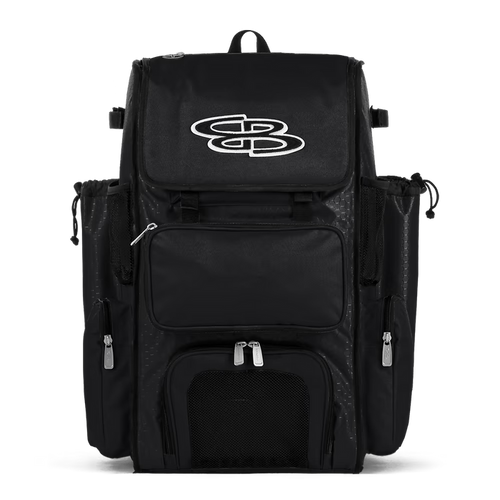 A black Boombah Superpack Bat Bag: BPSP by Boombah, featuring multiple zippered pockets, mesh panels, and a large white logo on the top flap, displayed against a plain white background.