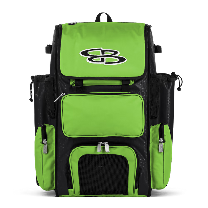 The Boombah Superpack Bat Bag: BPSP by Boombah, shown in Black-Lime with a white SB logo, features multiple zippered compartments and side pockets, displayed on a plain white background.