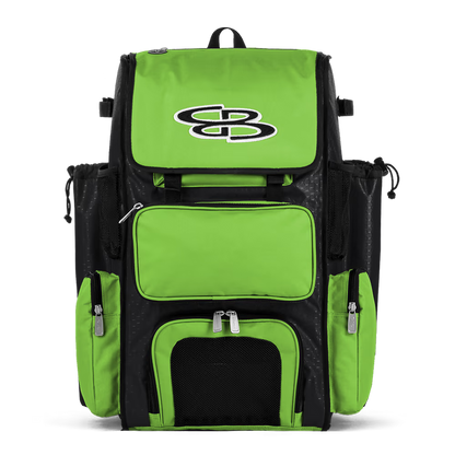 The Boombah Superpack Bat Bag: BPSP by Boombah, shown in Black-Lime with a white SB logo, features multiple zippered compartments and side pockets, displayed on a plain white background.