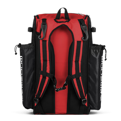 The Boombah Superpack Bat Bag: BPSP by Boombah is a red and black backpack with padded shoulder straps, black mesh side pockets, and a top handle, pictured from the back on a white background.