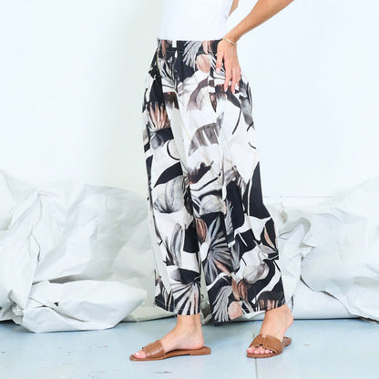 Botanical print wide-leg trousers with drawstring waist wholesale