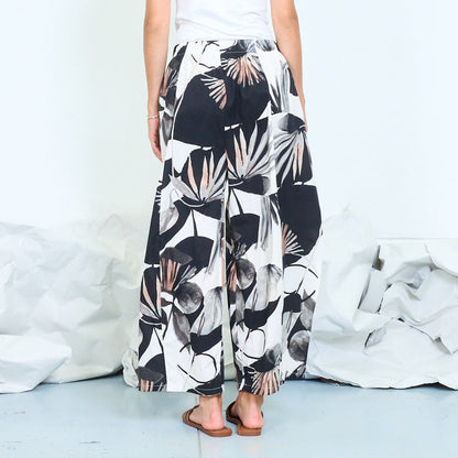 Botanical print wide-leg trousers with drawstring waist wholesale