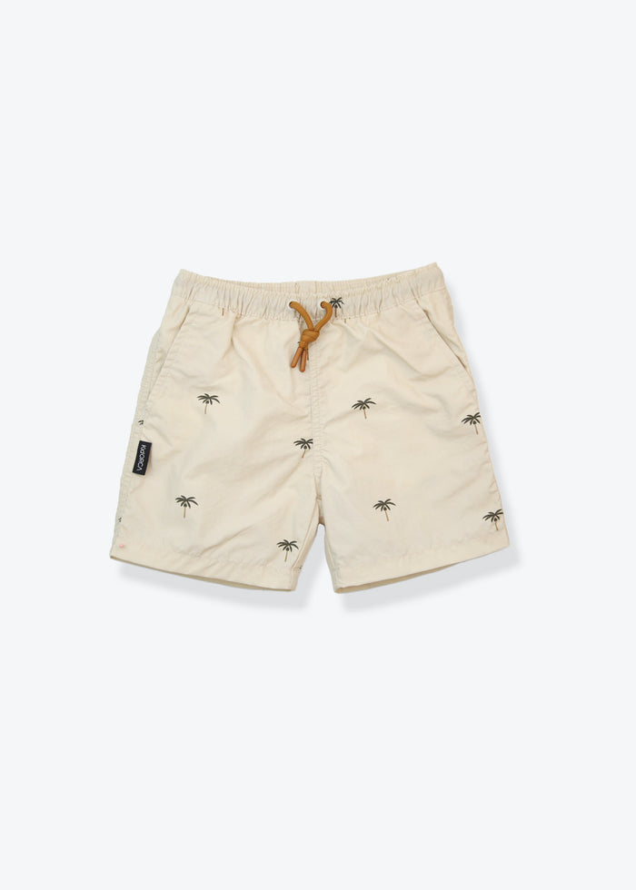 Boys swim trunks palm almond print – front view