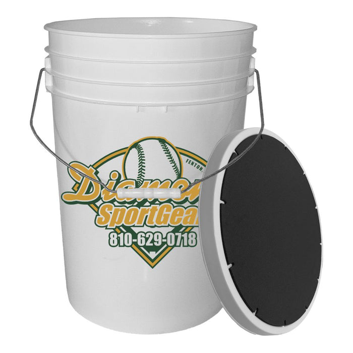The Champion DSG 6 Gallon Ball Bucket with Padded Lid (BUC6-DSG) is a white plastic bucket with a metal handle, black cushioned lid, and large Diamond Sport Gear logo featuring a baseball graphic.