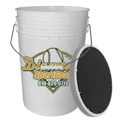 The Champion DSG 6 Gallon Ball Bucket with Padded Lid (BUC6-DSG) is a white plastic bucket with a metal handle, black cushioned lid, and large Diamond Sport Gear logo featuring a baseball graphic.