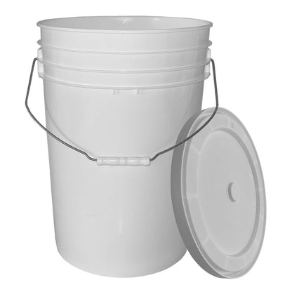 The Champion DSG 6 Gallon Ball Bucket with Padded Lid (BUC6-DSG) by Champion is a large white plastic bucket with a metal handle and white padded lid, shown upright and empty.