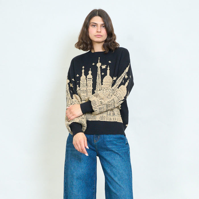 City skyline jacquard knit sweater wholesale