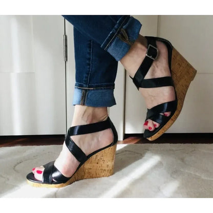 Cole Haan Jillian Wedge Black Platform Leather Sandals
