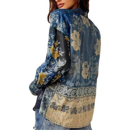 Free People Flower Patch Button Down Flowy Blouse in Indigo Blue