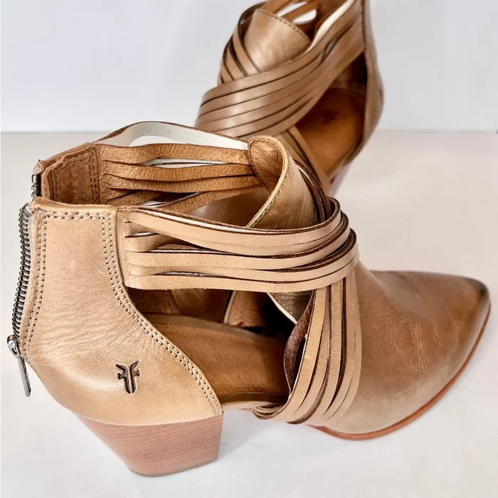 Frye Boho Cowgirl Bootie Light Brown Leather Zipper Back