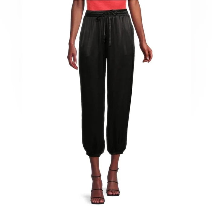 Nation LTD Black Satin Cropped Leg Joggers with Drawstring