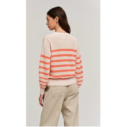 Velvet by Graham and Spencer Wren Textured Cotton Sweater in Ecru/Coral