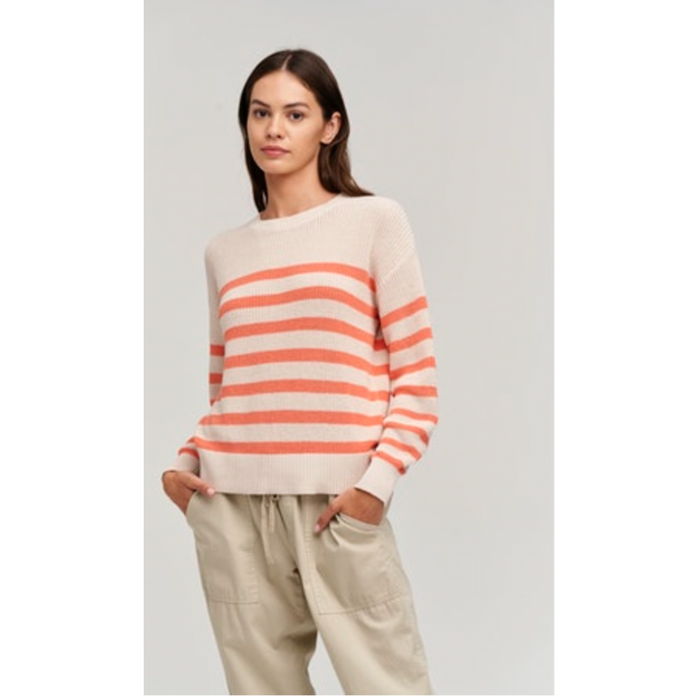 Velvet by Graham and Spencer Wren Textured Cotton Sweater in Ecru/Coral