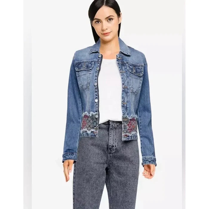 Desingual Denim Jean Jacket Embroidery Border Artsy Boho Blue Frayed