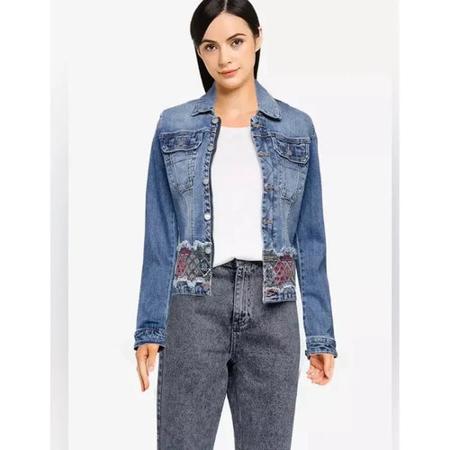 Desingual Denim Jean Jacket Embroidery Border Artsy Boho Blue Frayed