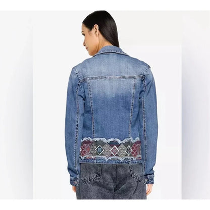 Desingual Denim Jean Jacket Embroidery Border Artsy Boho Blue Frayed